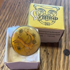 Vintage Brooch from Russia - Hand Painted Deer on Selenite - Original Box 1960s